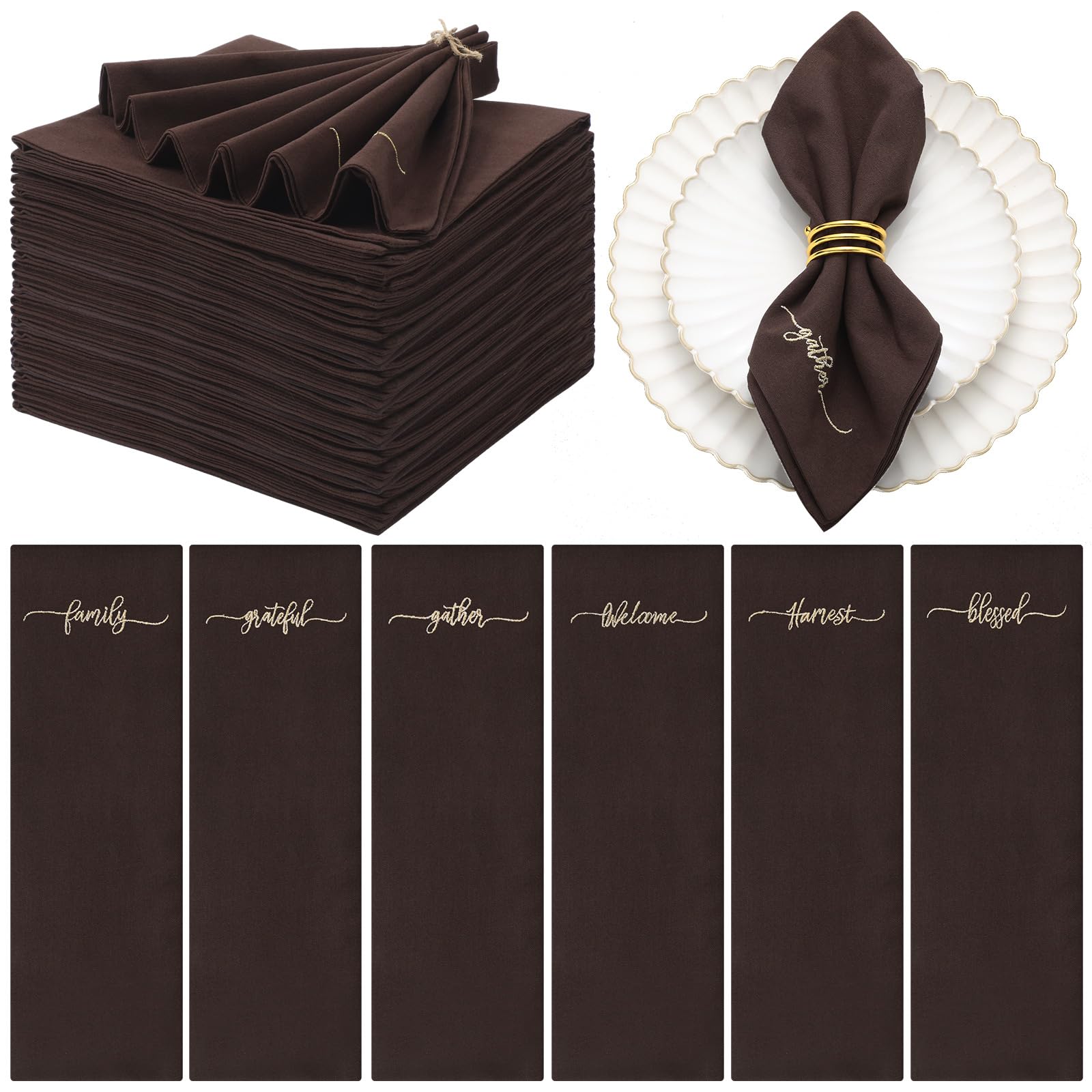 Photo 1 of 12 Pack Thanksgiving Cloth Napkins Bulk Embroidered Christmas Cloth Napkins Holiday Table Decorations Xmas Party Gifts for Dinners Parties(Brown)