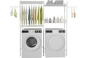 Ulif U1 over Washer and Dryer Storage, Height Adjustable Laundry Room Drying Rack and Space Saver with Wire Basket, 57.8" W x 13.4" D x 76.7" H, White