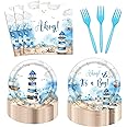 96Pcs Ahoy Nautical Boy Baby Shower Party Supplies, It's a Boy Blue Marine Sea Lighthouse Ship Plates and Napkins, Watercolor Ocean Ship Anchor Disposable Dinnerware(Serve 24 Guests)