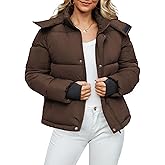 Funlingo Women's Cropped Puffer Jacket with Removable Hood Winter Zip Up Snap Button Warm Trendy Quilted Coat