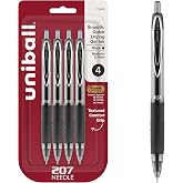 uniball&trade; 207 Needle Gel Pens, Medium Point (0.7mm), Black, 4 Pack | Needle point for accurate straight-edge lines, fraud-resistant uni Super Ink, water &amp; fade-resistant, textured rubber grip