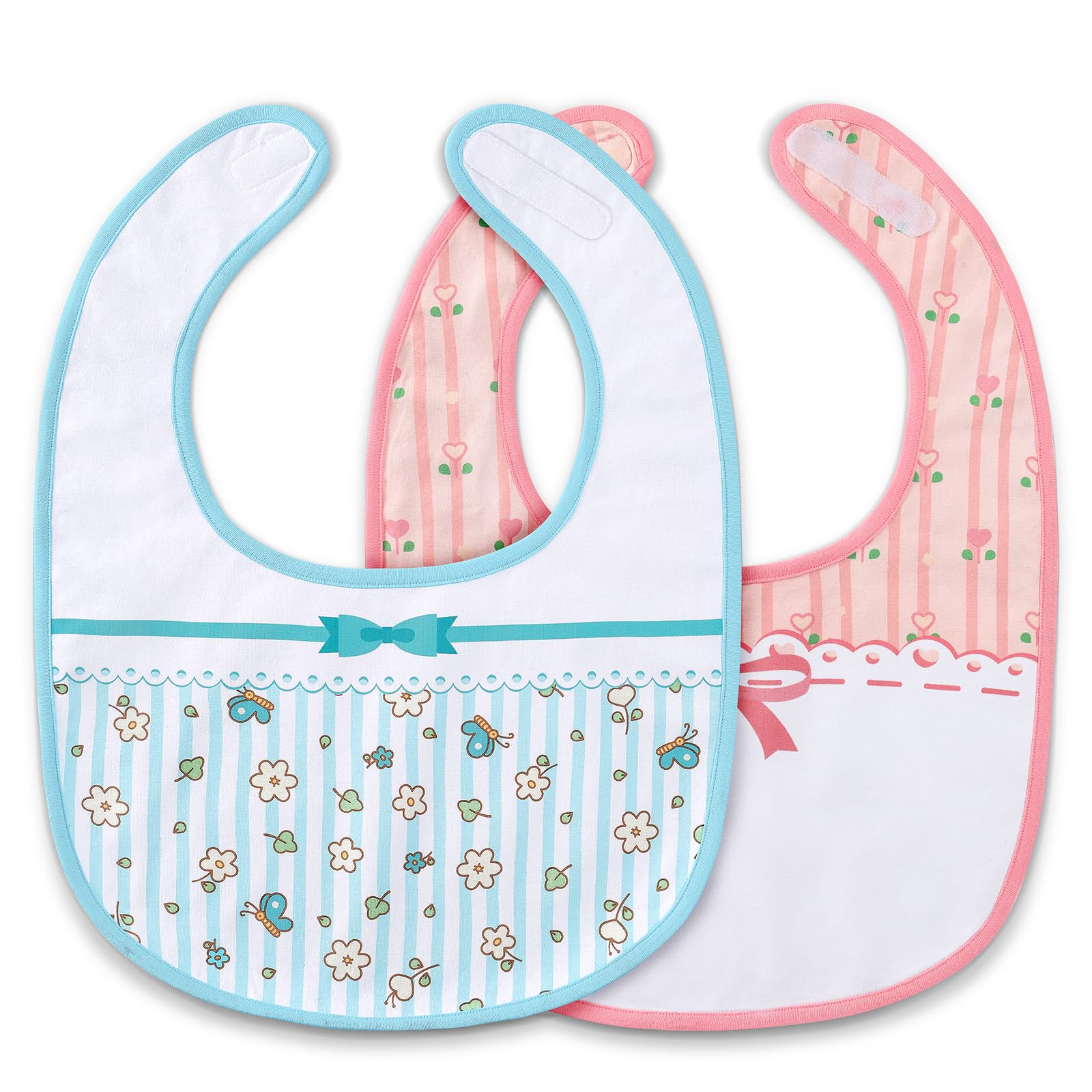 LittleForBig Cotton Waterproof Babydoll Printed Floral Adult Bib with Adjustable Velcro Closure 2-Pack Pink and Blue