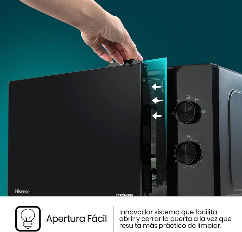 H23MOBP2H4 - micro-ondas de 23 litros, potência de 800W, botões rotativos mecânicos, abertura Smart Tab, limpeza fácil com revestimento interior cerâmico, cor preta