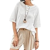 Cnlinkco Linen Tops for Women 3/4 Sleeve Crew Neck Cotton Shirts Casual Jacquard Boho Blouse