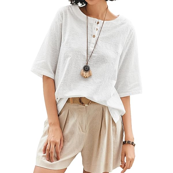 FTCayanz Women's Linen Tops Shirts Summer Casual Jacquard
