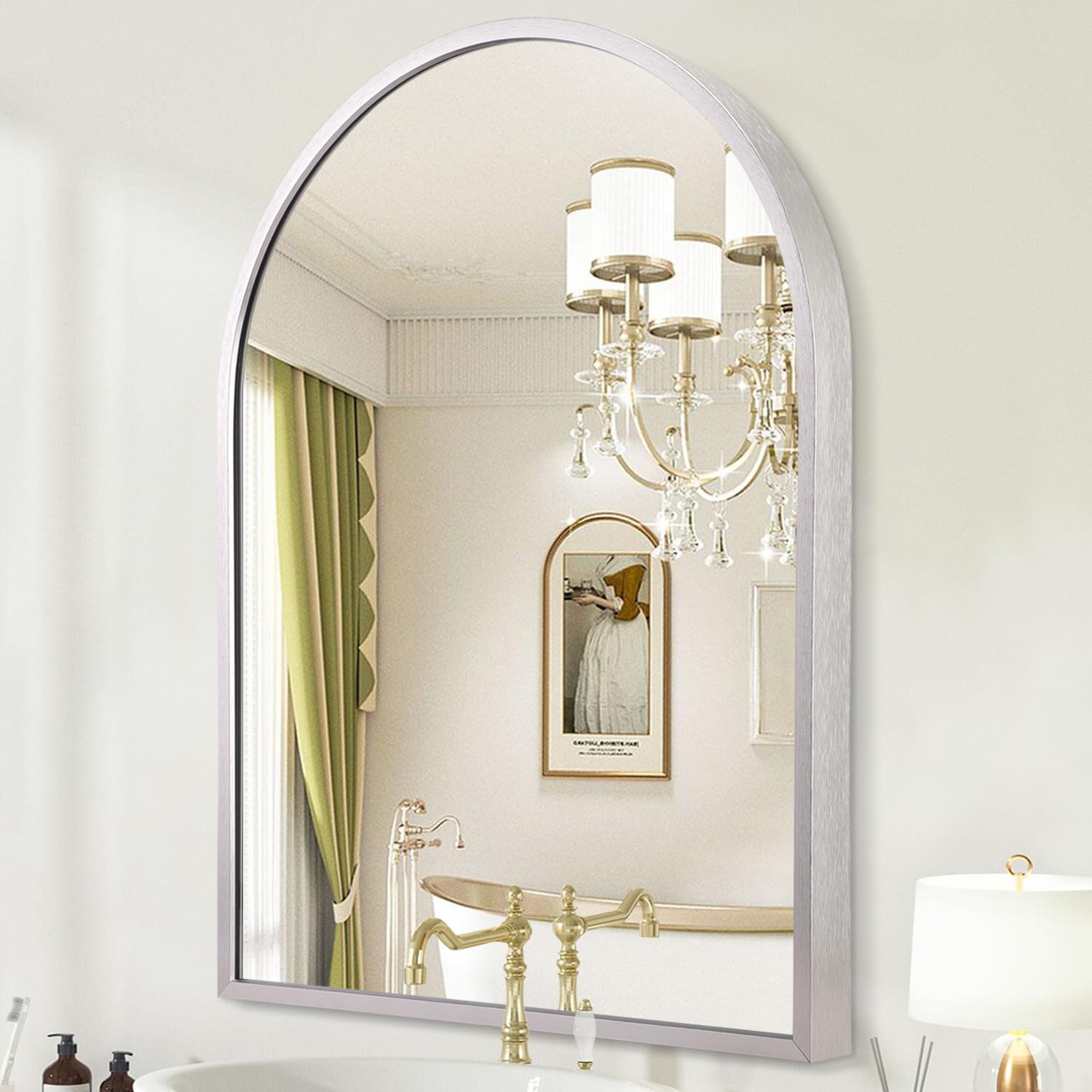 HLFMVWE Large Arch Bathroom Mirror, Metal Frame Wall Mounted Mirror Silver Vanity Wall Mirror for Bedroom Entryway Living Room Vanity 65 x 45cm