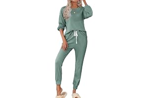 Ekouaer Womens Pajamas Set Ribbed Knit Long Sleeve Pullover Top Jogger Pants Set 2 Piece Lounge Set Sleepwear Tracksuit S-XXL