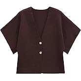 hathne Women's V Neck Short Sleeve Cardigan Sweater Button Down Ribbed Knit Tops(Brown,L)