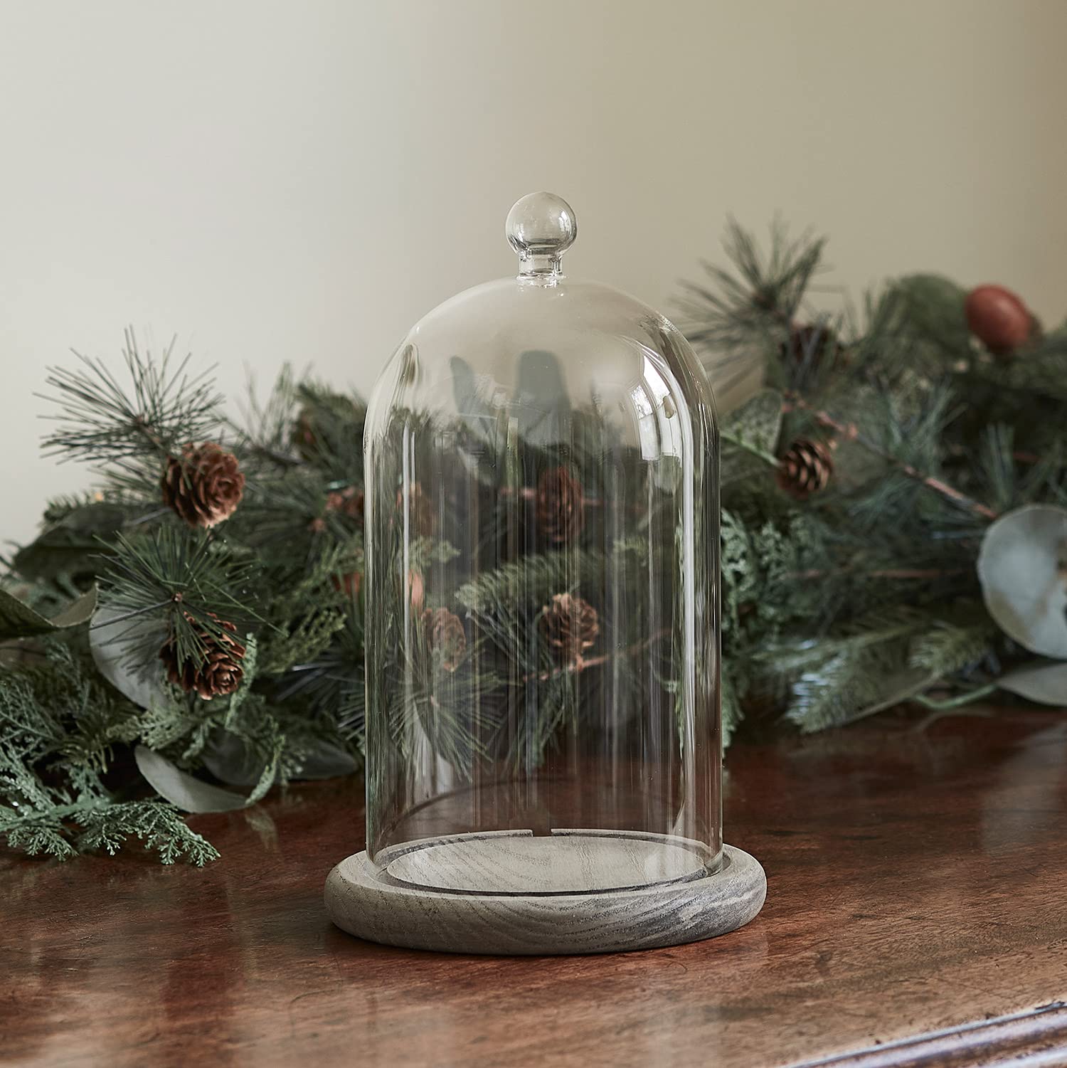 Lights4fun Glass Cloche Dome with Grey Bamboo Tray – 20.5cm Bell Jar for Stylish Home Décor, Perfect for Displaying Candles, Plants, or Keepsakes