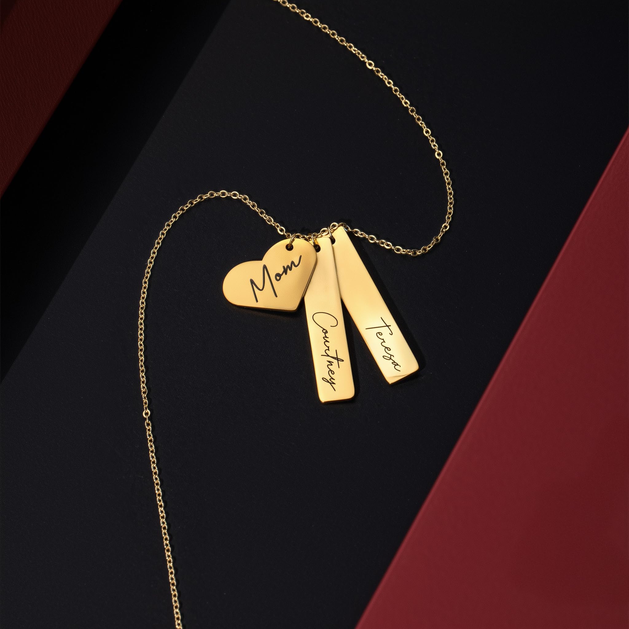 MignonandMignon Custom Name Necklace Personalized Engraved Gold Bar Necklace, Kids’ Names, Heart Charm, Gift for Mom, Unique Birthday Jewelry for Women - H8N