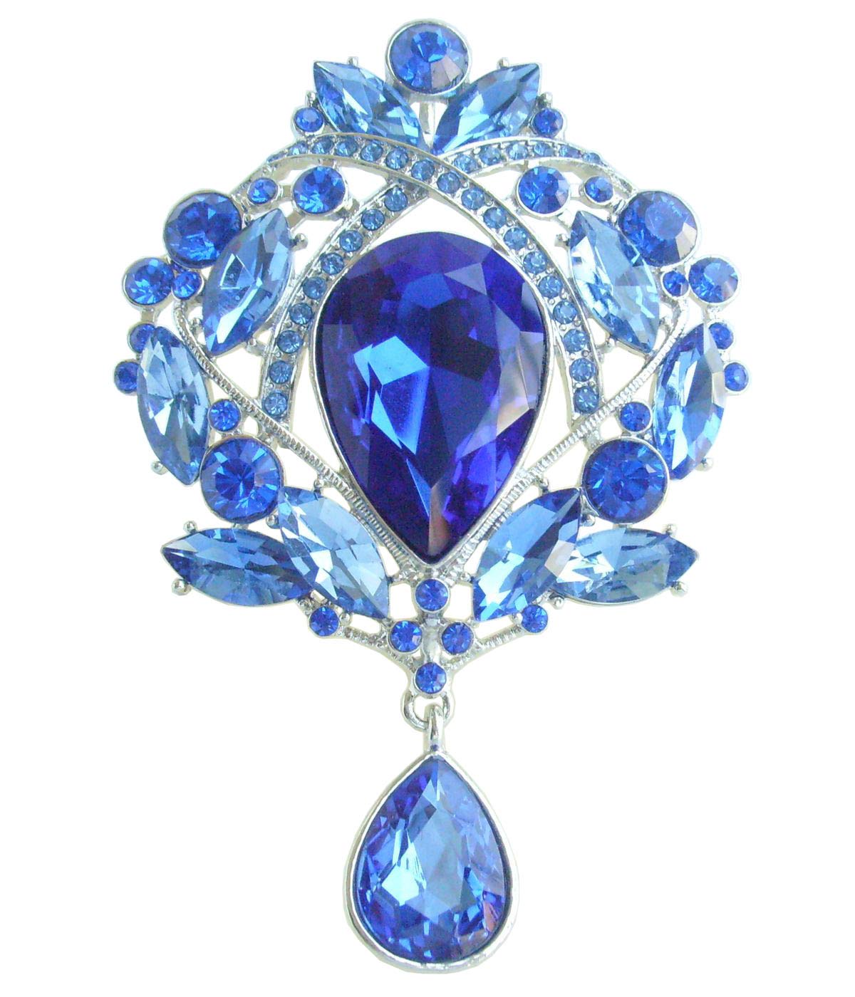 Sindary Classic 3.54" Teardrop Brooch Pin Pendant Austrian Crystal UKB4082 (Silver-Tone Blue)