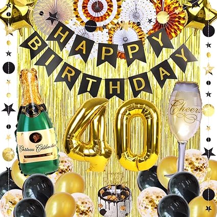 Amazon Com 40th Birthday Decorations For Men Happy Birthday Banner 40 Foil Balloon Party Paper Fan Cake Topper Gold Curtain Champagne Bottle And Goblet Balloons 40th Anniversary Decorations Birthday Backdrop Health Personal