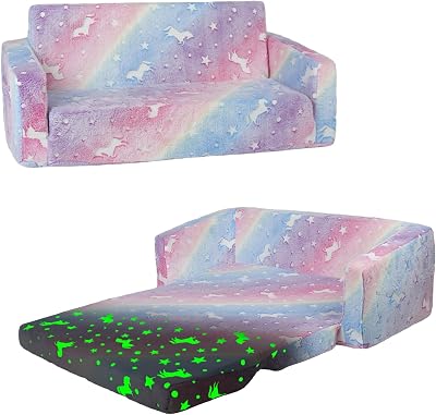 Decalsweet Unicorn Foldable Kids Sofa 2 in 1 Glow Bed with Pocket