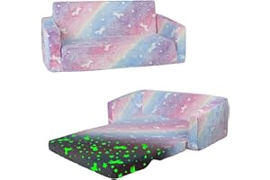DECALSWEET Kids Sofa Glow in The Dark Toddler Chairs Extra Wide 2 in 1 Fold Out Flip Open Baby Convertible Sofa to Lounger,2 Seats Soft Comfy Glowing Foldable Children Armchairs Kids Girls Boys Sofa Bed