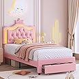Keyluv Twin Upholstered LED Bed Frame with Storage Drawer, Leather Princess Platform Bed with Adjustable Crystal Button Tufted Crown Headboard, Solid Wooden Slats Support, No Box Spring Needed, Pink