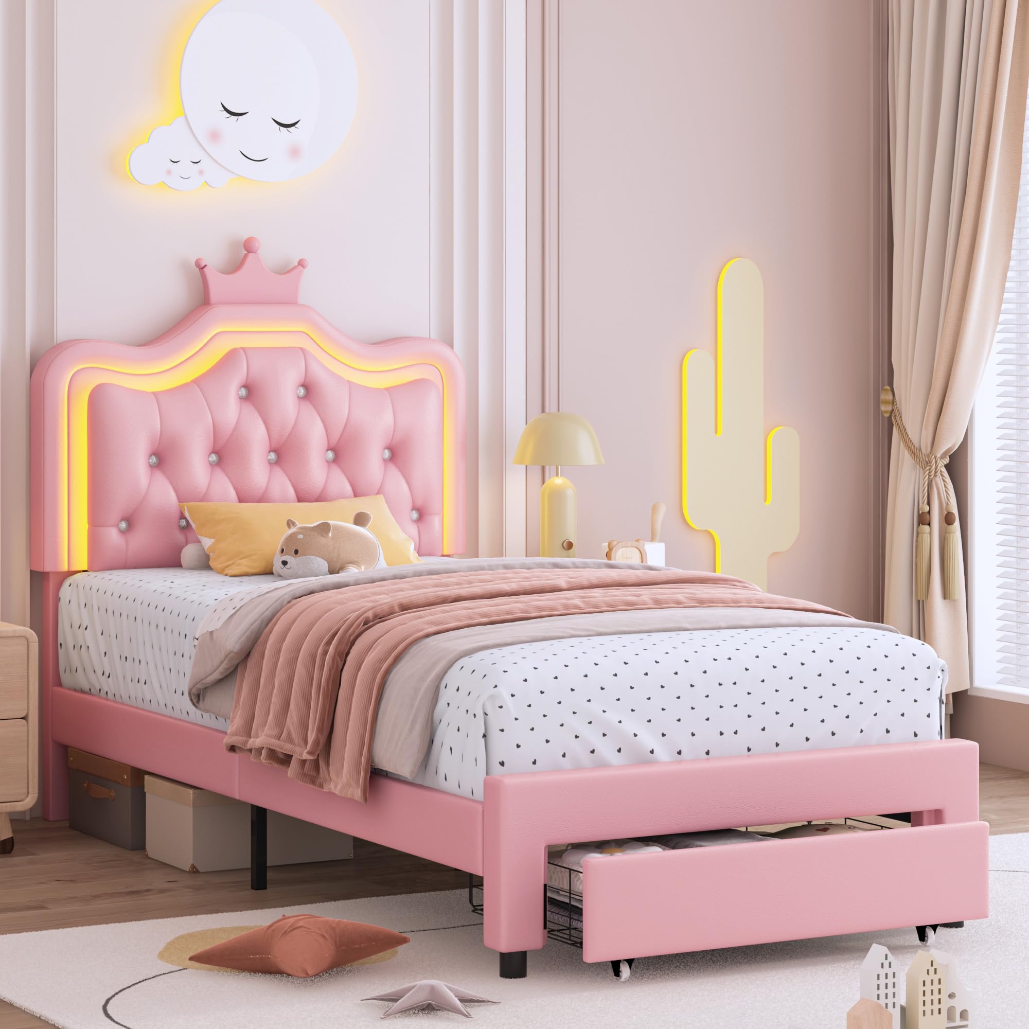 Keyluv Twin Upholstered LED Bed Frame with Storage Drawer, Leather Princess Platform Bed with Adjustable Crystal Button Tufted Crown Headboard, Solid Wooden Slats Support, No Box Spring Needed, Pink Image