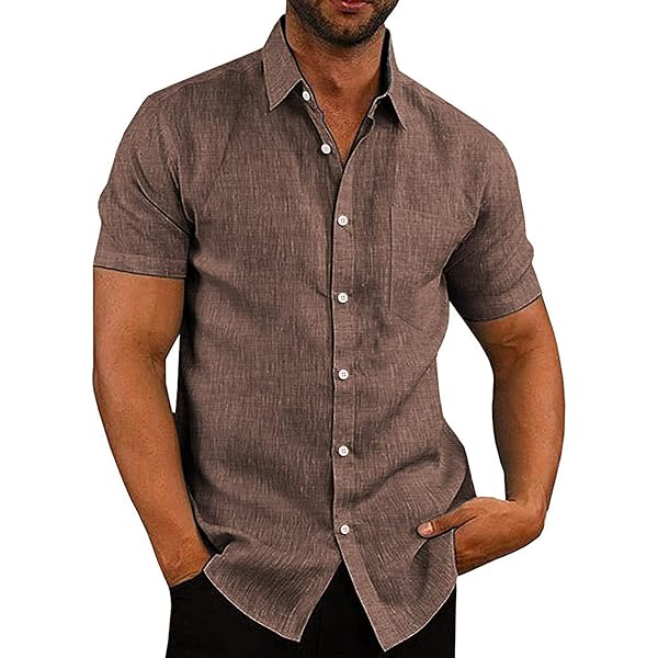 Chemise Homme En Lin COOFANDY - Manches Courtes - Légère Et Respirante - Poche Poitrine - Style Plage