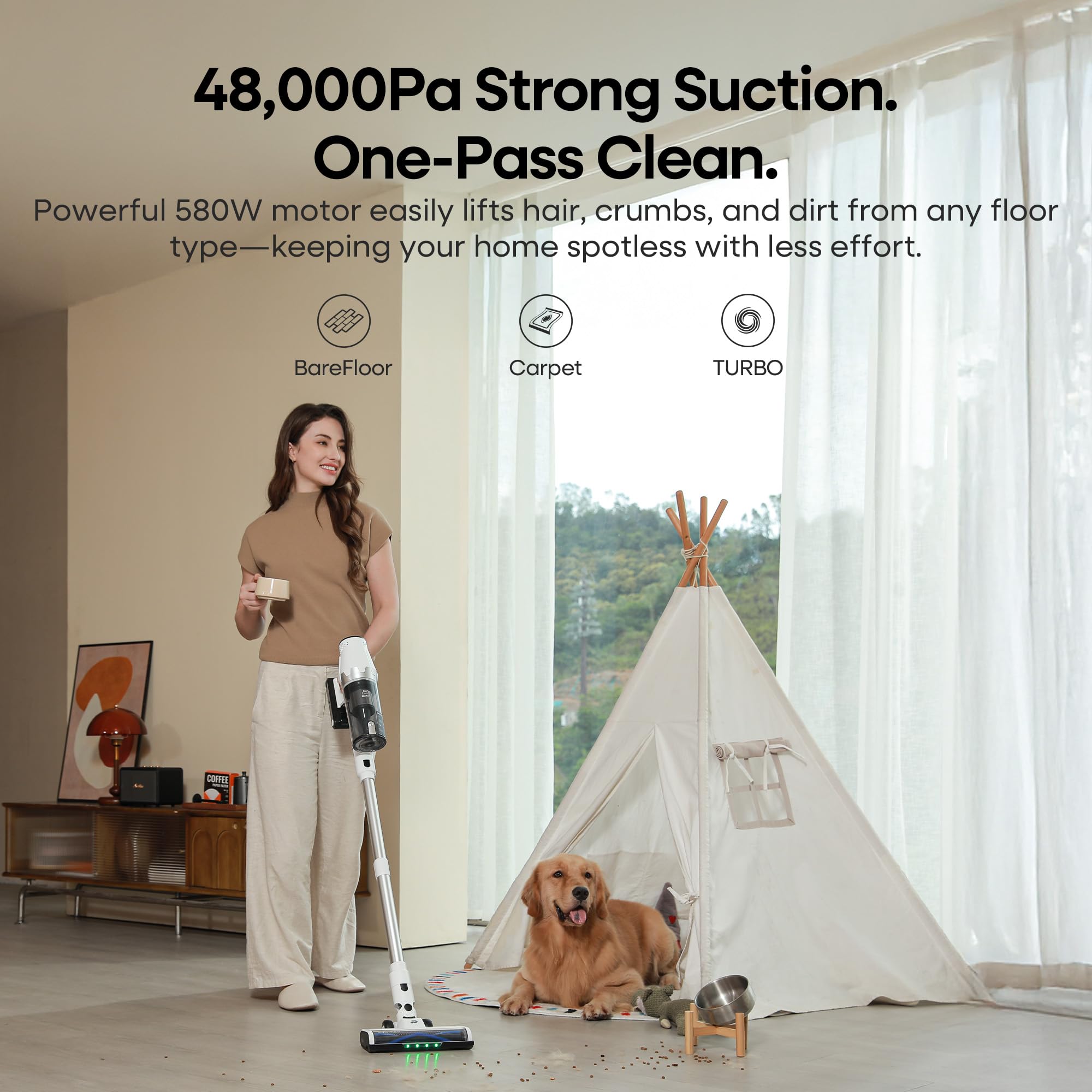 ElecKeys Cordless Vacuum Cleaner, 580W 48KPA 65Mins Vacuum Cleaners for Home, Self-Standing Anti-Tangle Vacuum with LED Display, Rechargeable, Lightweight, Cordless Vacuum for Floors/Pet Hair/Carpets