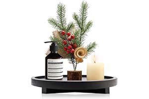 RENAWE Black Decorative Wooden Tray for Kitchen Counter Bathroom Accessories Sink Vanity Trays Wood Riser Candle Pedestal Stand for Perfume Soap Trays Round Dining Coffee Table Small Rustic Home Decor Tray