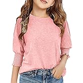 Haloumoning Girls' 3/4 Sleeve T Shirts Summer Cute Crewneck Basic Tees Ruffle Casual Blouse for 5-14Y