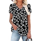 onlypuff Summer Top for Women V Neck Short Sleeve Shirts Pleated Blouse Tunic Tops to Wear with Leggings Hide Belly