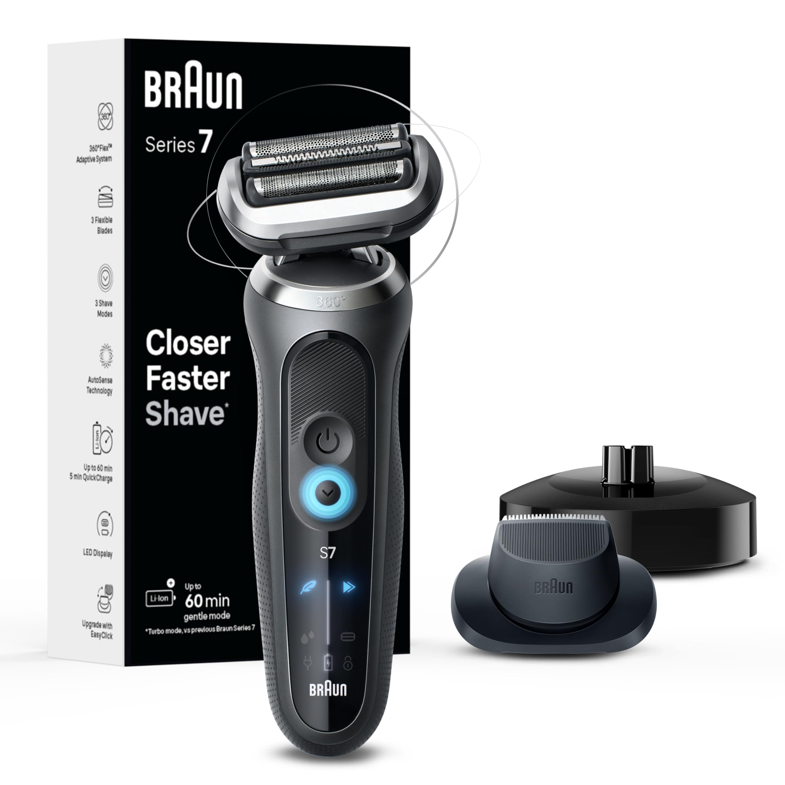 Photo 1 of Braun Electric Shaver for Men, Series 7 7127cs, Wet & Dry Shave, Turbo & Gentle Shaving Modes, Waterproof Foil Shaver, Engineered in Germany, with Beard Trimmer, Charging Stand, Space Grey