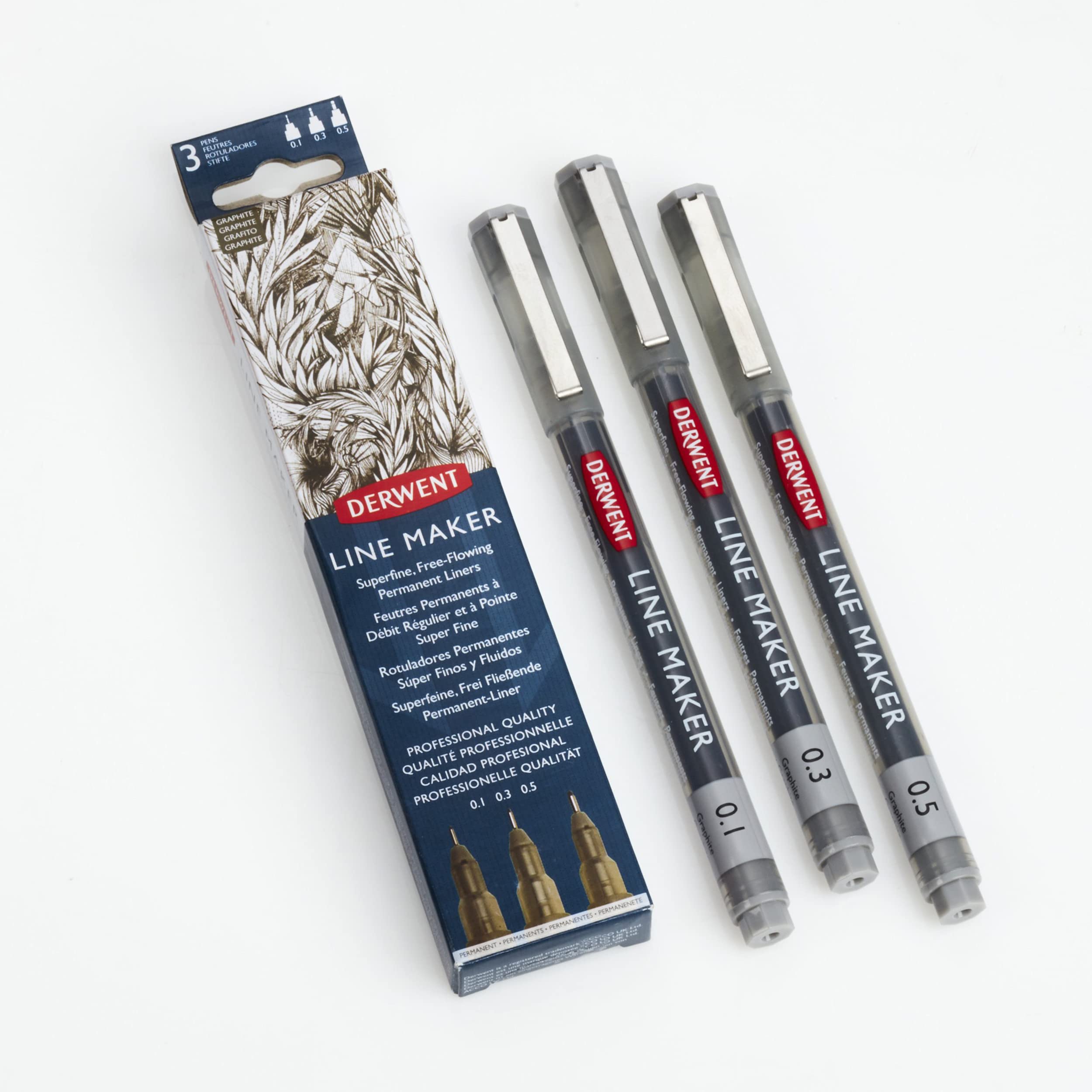 Derwent Graphite Line Maker Pens, Set of 3, Fine Liners, Mixed Nib Size, Fast-Drying Ink, Ideal for Sketching, Writing, Illustrating and Colouring, Professional Quality, 2305562