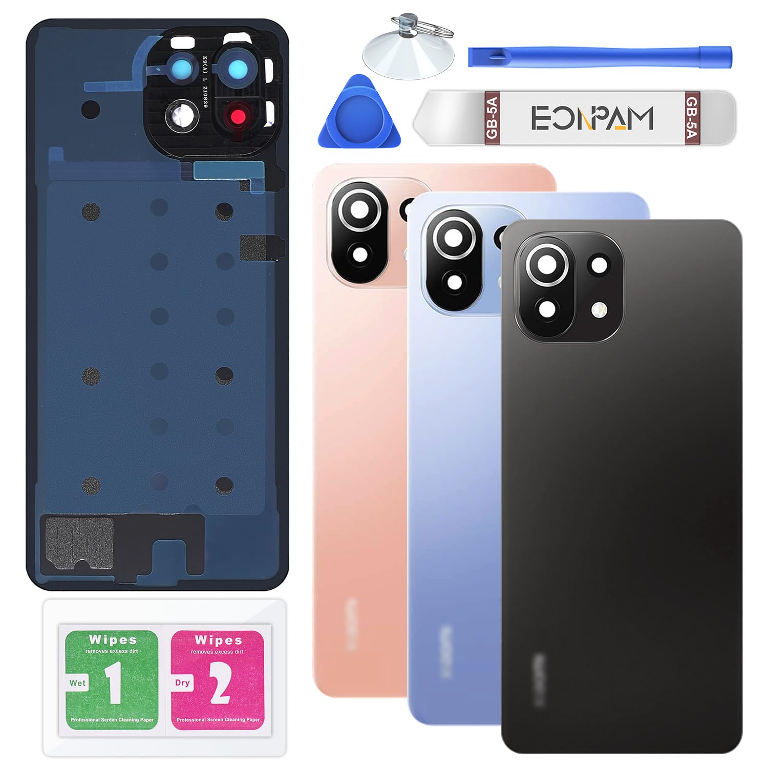 Eonpam Back Cover Glass for Xiaomi Mi 11 Lite Rear Glass Replacement with Camera Lens + Repair Kit Genuine Rear Housing (Boba Black)