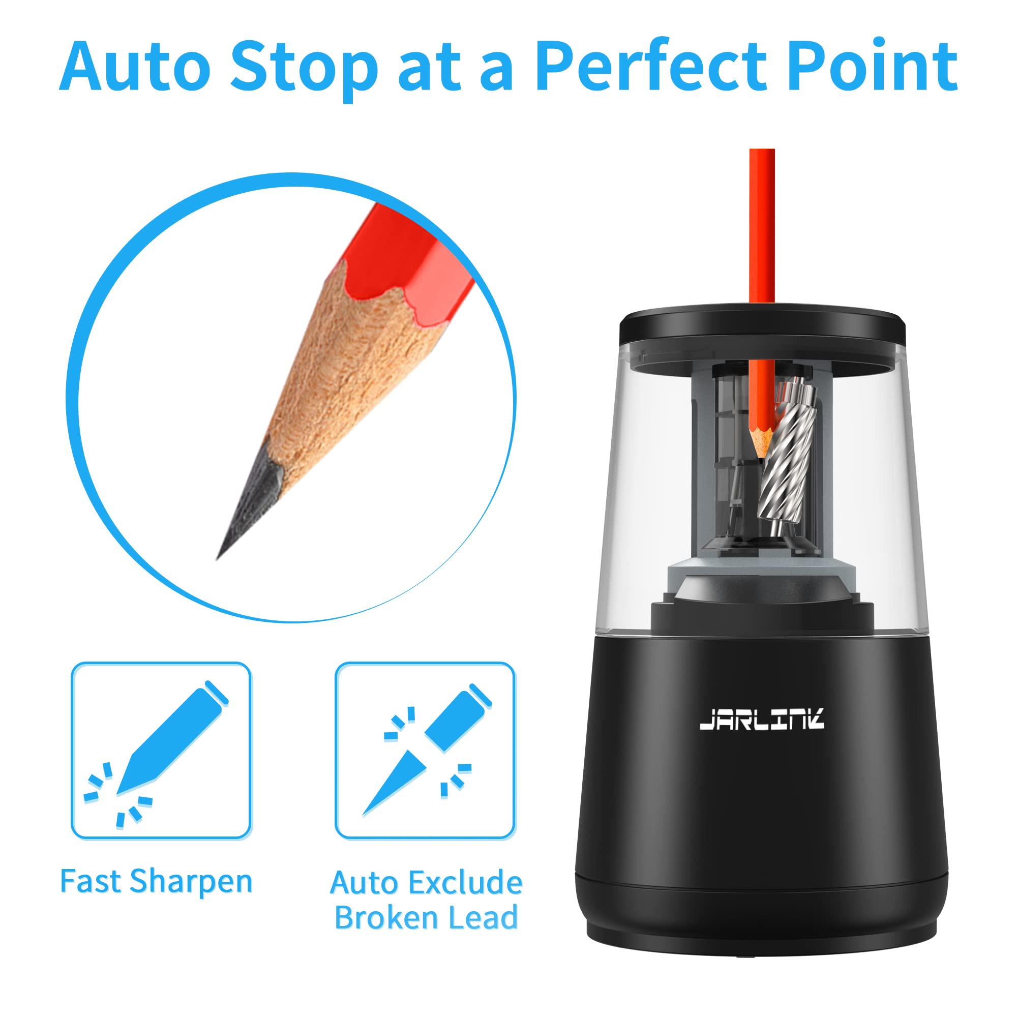 JARLINK Electric Pencil Sharpener, Heavy-Duty Helical Blade to Fast Sharpen, Auto Stop for No.2/Colored Pencils(6-8mm), AC Adapter/Battery Operated in School Classroom/Office/Home (Black)