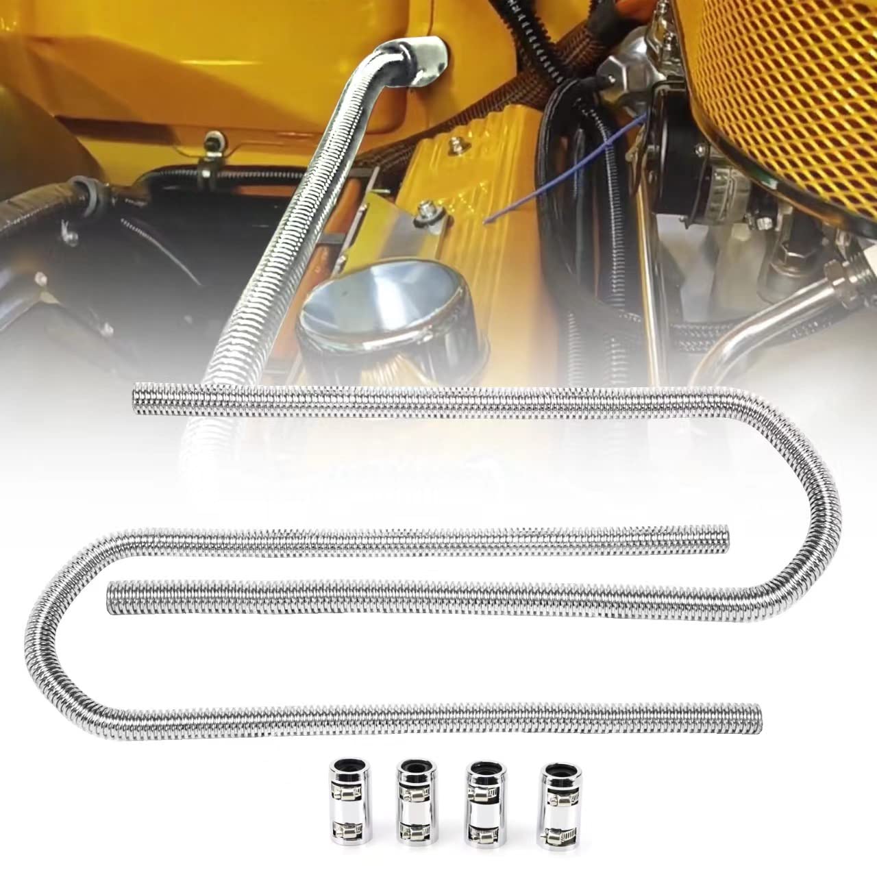 Photo 1 of iRKY 44" Flexible Heater Hose Kit Stainless Steel Universal Heater Water Hoses Fits 5/8" 3/4" Necks, Heater Hose*2 (4 Chrome Caps, Silver)