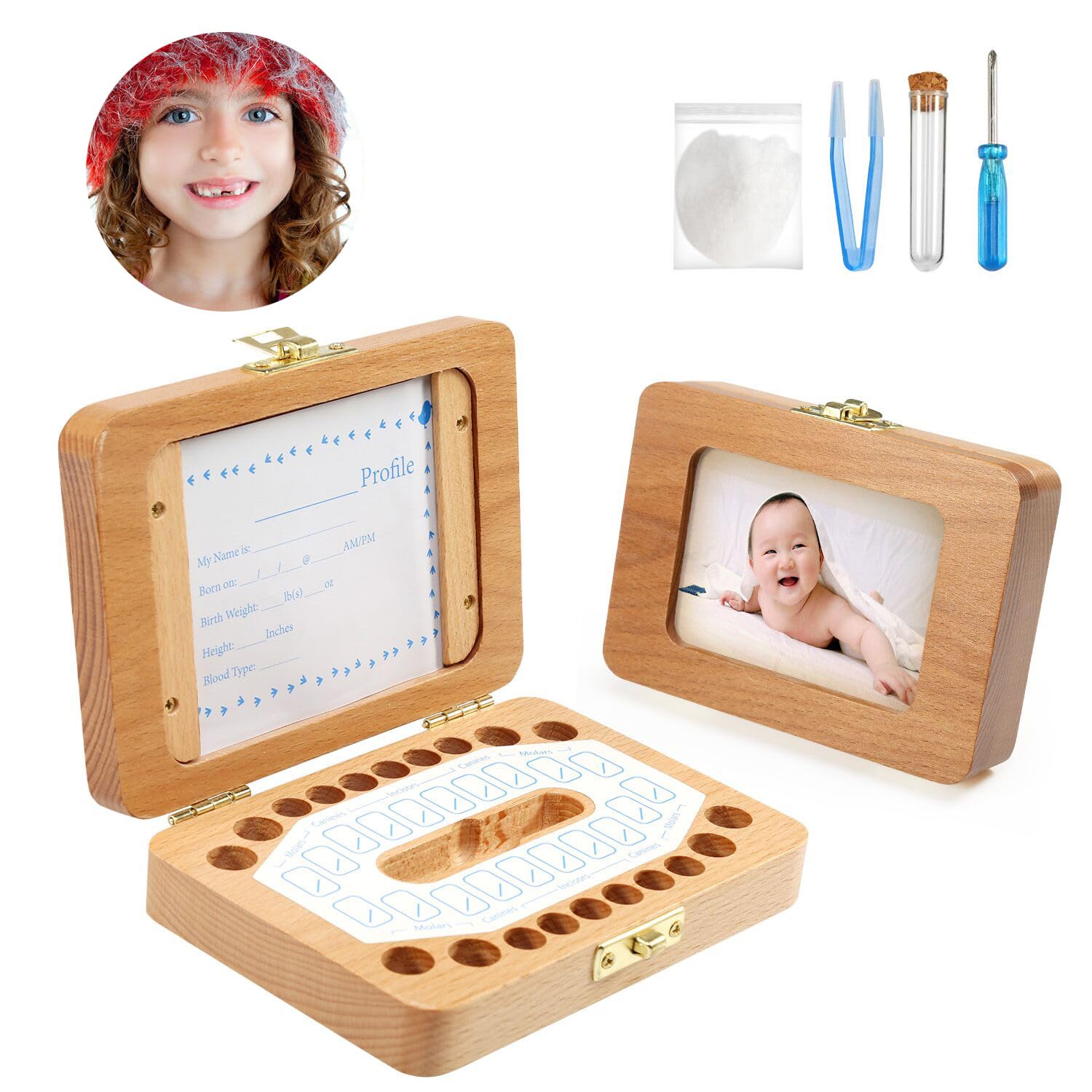 LEADSTAR Milk Tooth Box, Baby Photo Frame, Children's Teeth Storage Box, Keepsake Boxes, Tooth Box, Birth Gift, Christening, Birthday Kit for Girls and Boys