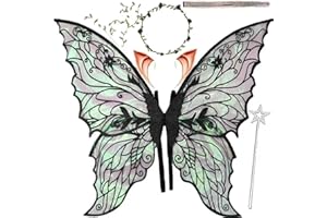 TORAJIRO Fairy Wings for Adults and Girls，Fairy Costume Set with Floral Garland, Fairy Hair Tinsel, Wand & Elf Ears – 29"x21" Organza Butterfly Wings – Ideal for Cosplay, Party, Black