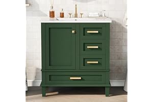 LUMISOL 30" Bathroom Vanity with Single Sink, Freestanding Bathroom Sink Cabinet with 3 Drawers & Soft-Close Door, Solid Wood Bathroom Vanity with Ceramic Basin Countertop for Small Space, Green