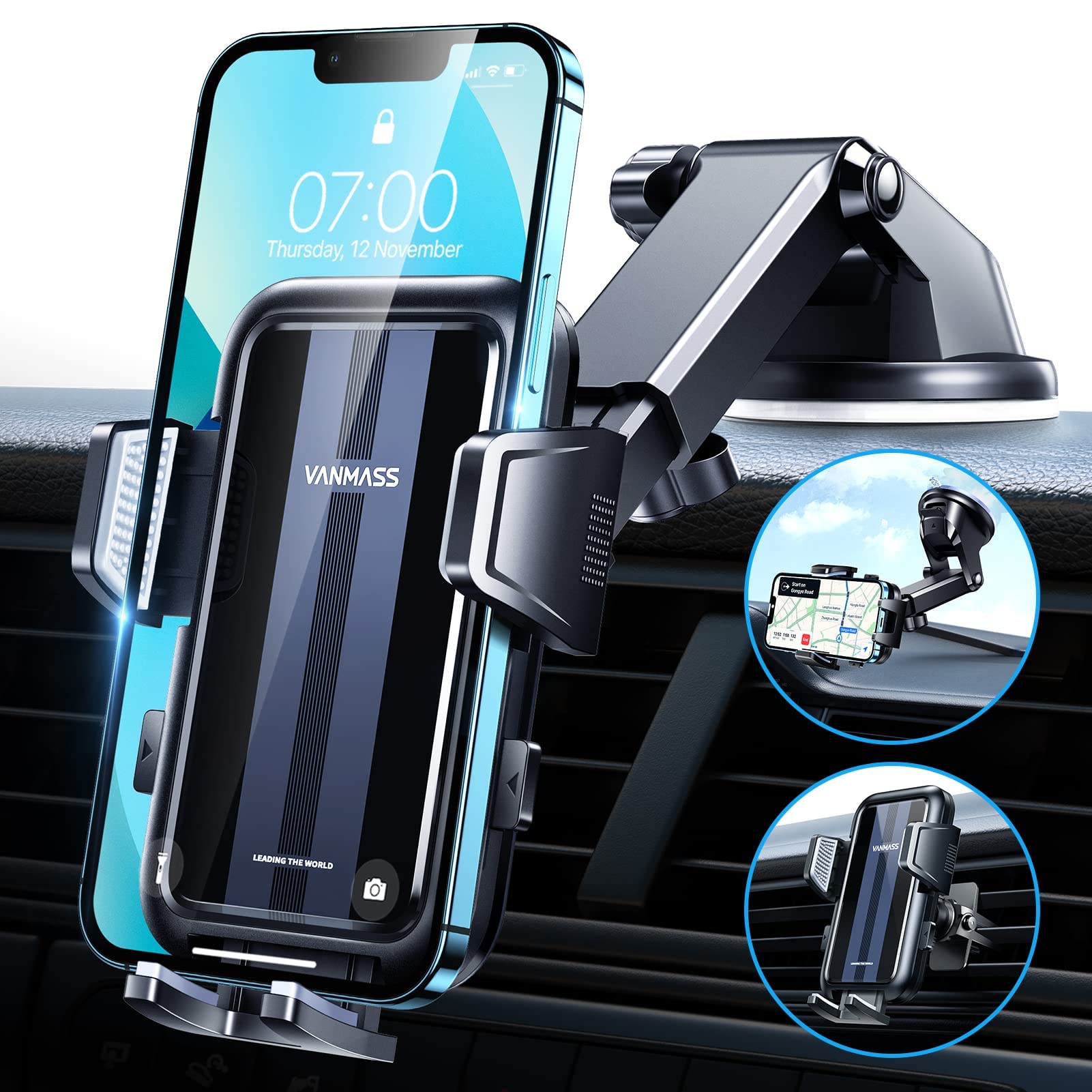 VANMASS Pro 2024 Upgraded Car Phone Holder【Rotate Lock & Super Strongest Suction】Mobile Phone Mount Dashboard Windscreen Vent Universal Handsfree Cradle Bracket Van for iPhone 15 14 13 Pro Max Samsung