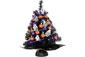 TBD DECOR 20" Mini Halloween Tree Black Tree Artificial Mini Halloween Tree with Purple LED Lights, Orange Balls Ornaments, Skeleton Hand and Ghost Decorations for Halloween Tabletop Decoration
