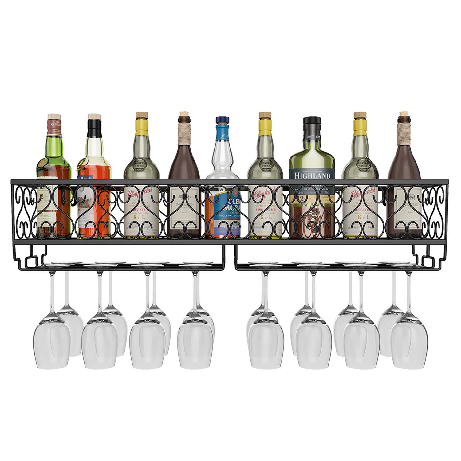 AcornFort W-612 Wall-Mounted Wine Rack with Glass Holder - 80x20cm, Black - Holds 18 Bottles & 18 Stemware, Heavy Duty Metal