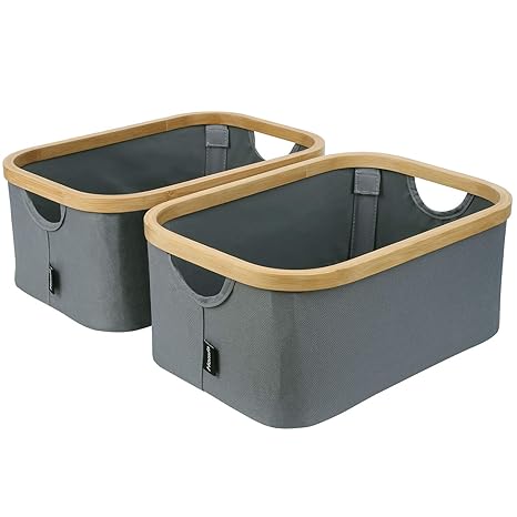 Homfa 2er Set Faltbar Aufbewahrungskorb Aufbewahrungsbox mit Griffen aus Bambus und Oxford-Tuch Grau 38x26x16cm Ordnungsbox R