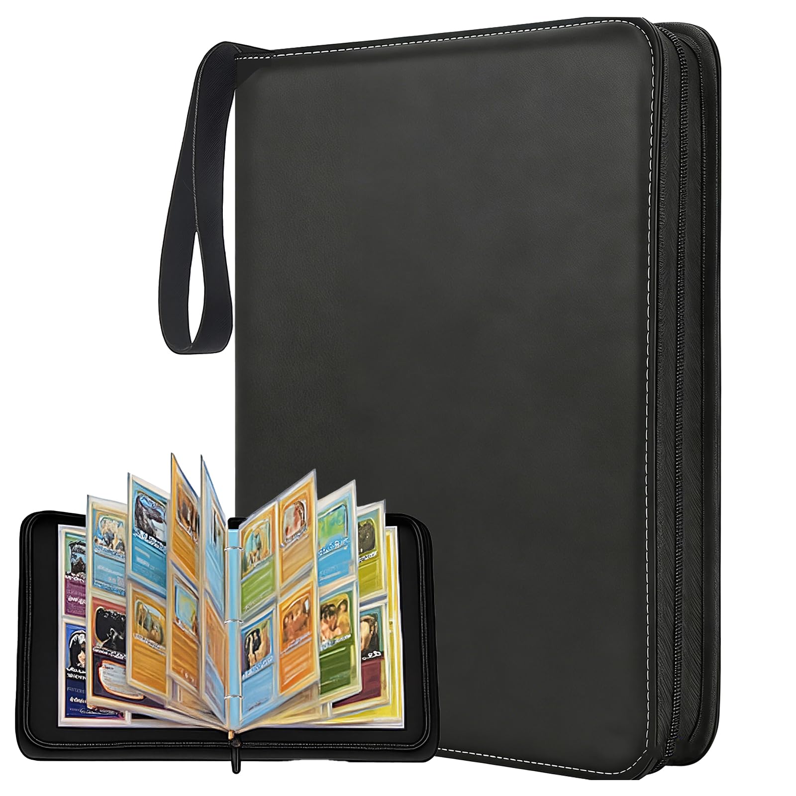 Trading Card Binder 4 Pocket, 400 Pockets PU Leather Waterproof Zippered Card Folder, Top Loading Collectible Trading Card Album for for MTG TCG Football Cards Sports Cards (Black)