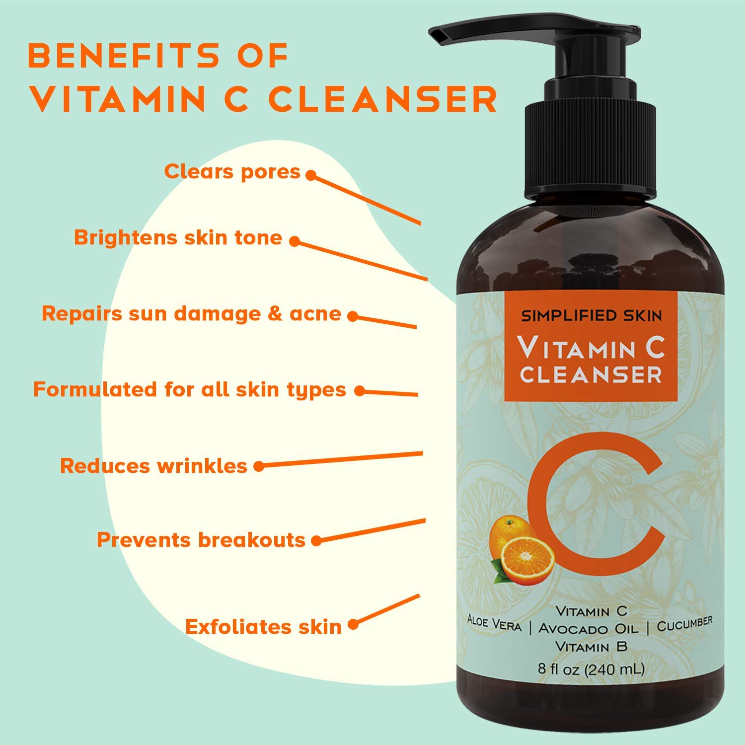 Vitamin C Facial Cleanser (8 oz) Gel for Daily Anti-Aging & Acne Treatment. Clear Pores on Oily, Dry & Sensitive Skin. Best Natural Makeup Removing Face Wash by Simplified Skin: Beauty