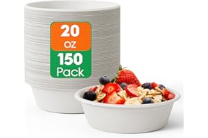 ECOLipak 20 OZ 150 Count Paper Bowls, Disposable Compostable Large Soup Bowl, Heavy Duty Bagasse Bowls for Family Lunch, Dinner Meals, Camping, Party