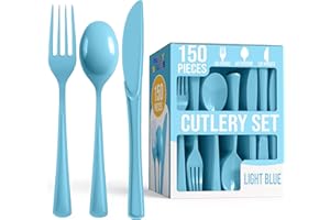 Party Solids Light Blue Plastic Silverware Heavy Duty 150 Pieces Light Blue Disposable Silverware Heavy Duty, Utensil Sets, 5
