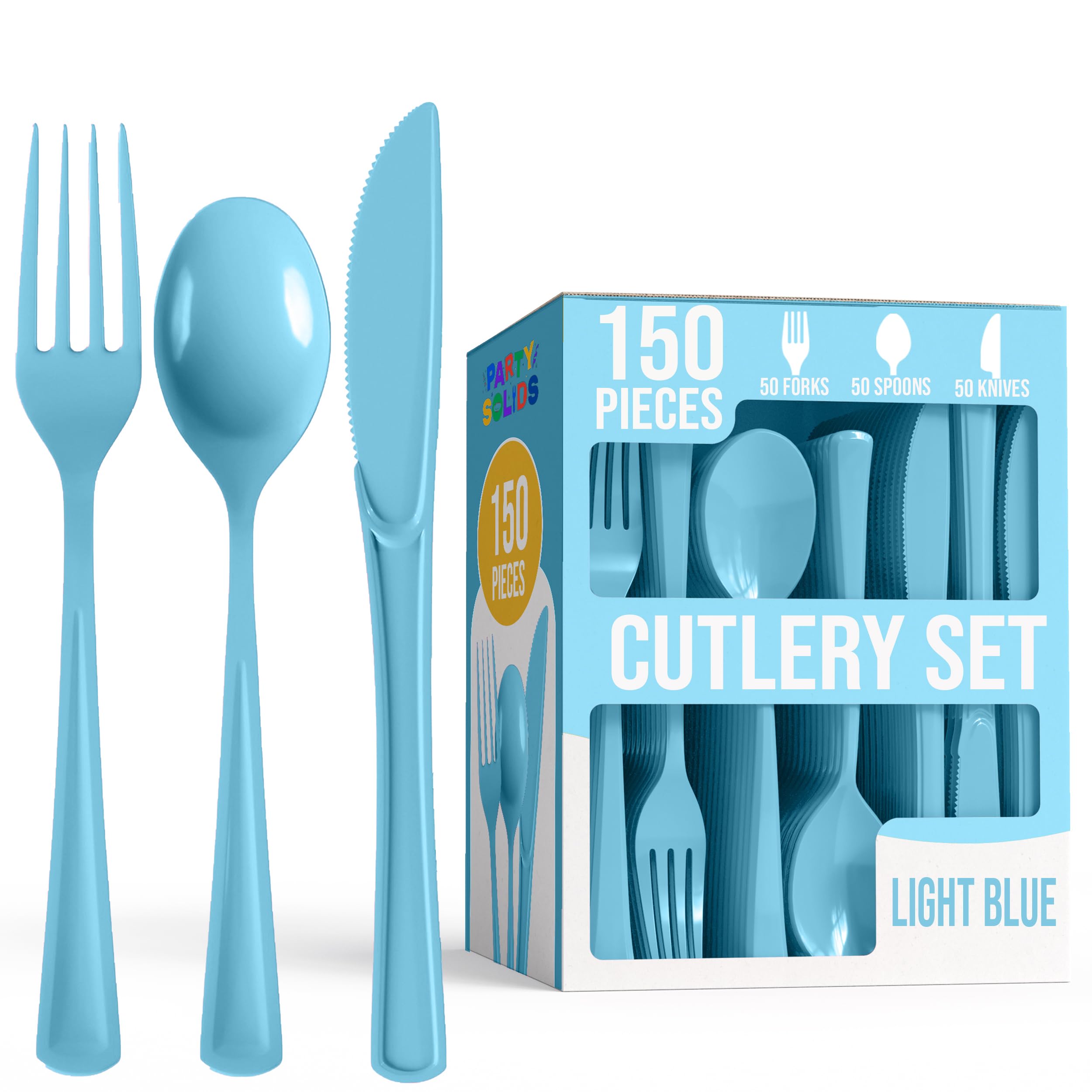 Photo 1 of Party Solids Light Blue Plastic Silverware Heavy Duty 150 Pcs Light Blue Plastic Cutlery Sets, Utensil Sets, 50 Of Each Forks, Knives & Spoons Disposable Cutlery Set, Flatware Set For Party Supplies