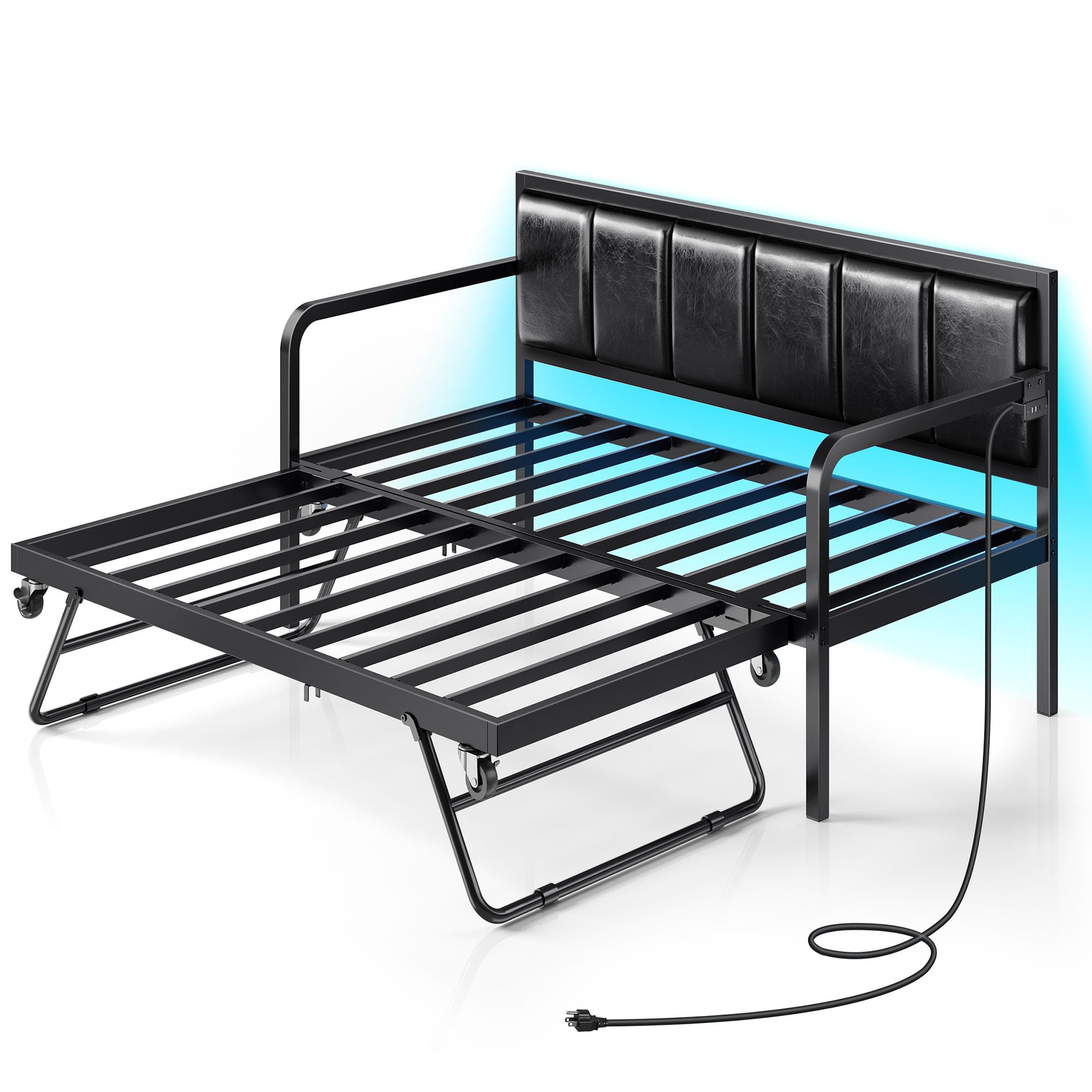 Photo 1 of *USED*
Rolanstar Daybed with USB Charging Station and LED, Height Adjustable Twin Daybed with Trundle, Black Upholstered Bed Frame with Steel Slat Support for Living Room, Bedroom and Guest Room