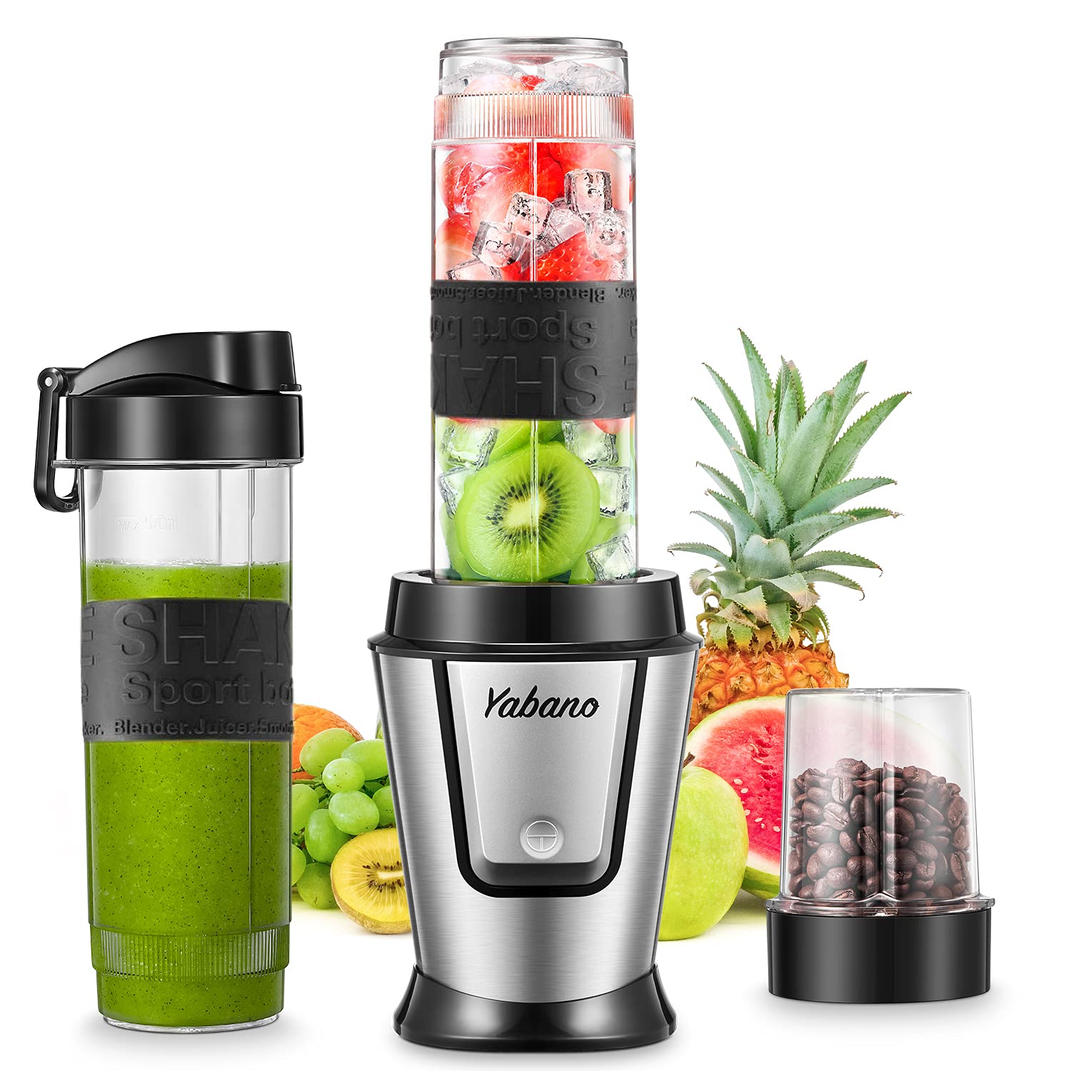 Blender Smoothie Makers 500W, 2 in 1 Multifunctional Personal Blender Mixer with 2x600ml Portable Bottles for Ice, Fruit, Vegetable, and 200ml Grinder, BPA-Free, Home/Outdoors, Sliver, by Yabano