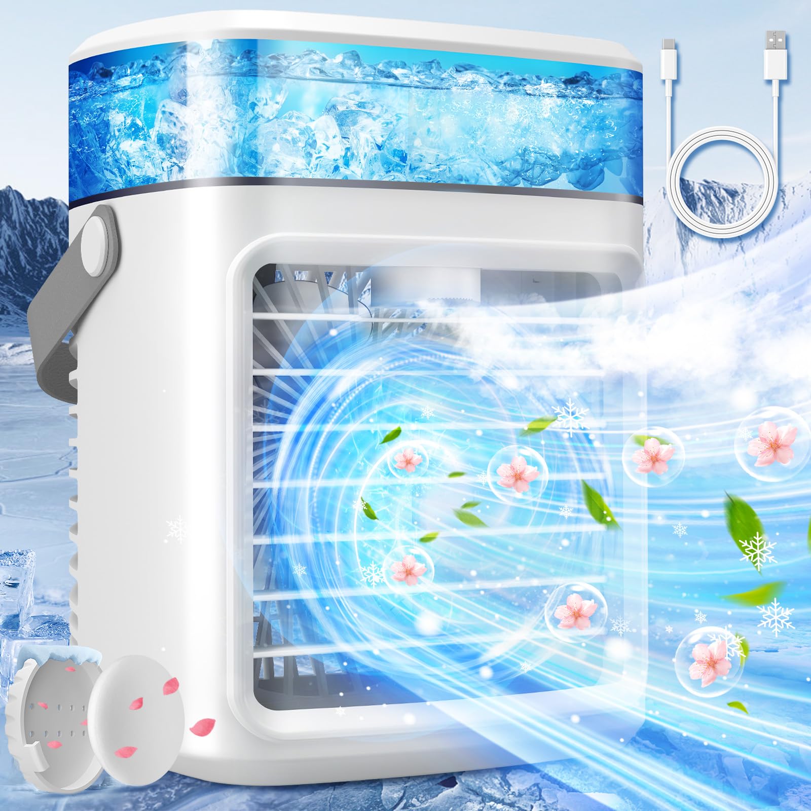 AWY-Seven Portable Air Conditioners, Evaporative Personal Air Cooler with 3 Powerful Wind Speed & Cool Mist, Mini Air Conditioner with Aroma Diffuser, Quiet AC Air Cooler for Car Bedroom Camping