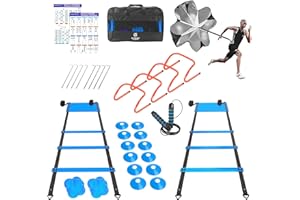 STRIKERSTEPS Agility Ladder Speed Training Equipment Set-2x 20ft Agility Ladder,12 Soccer Cones,4 Adjustable Hurdles, Jump Rope, Running Parachute| Basketball Football Soccer Training Equipment for Kids Adults