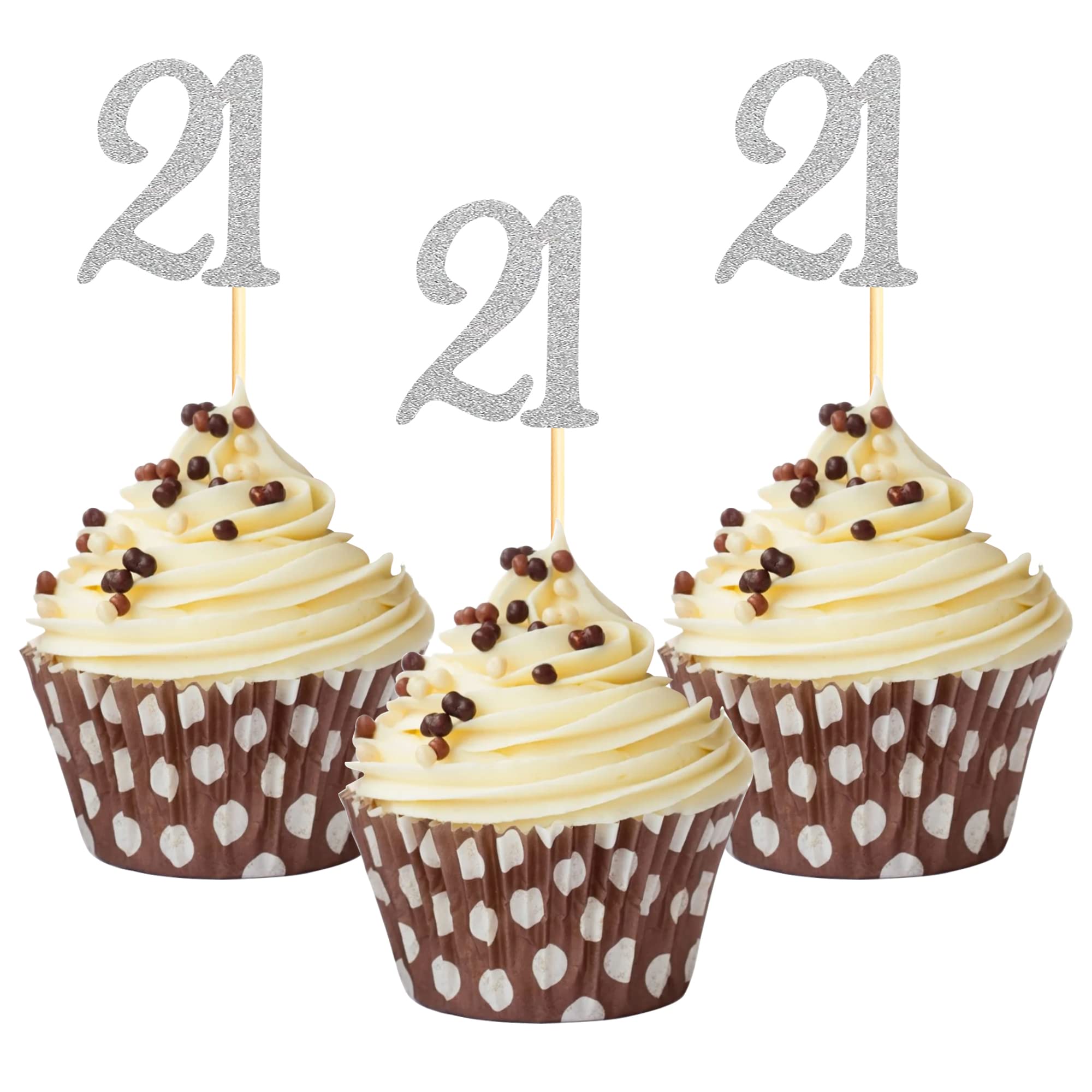 Sumerk 24PCS 21 Cupcake toppers Silver Glitter 21th Birthday Cupcake Picks Anniversary Party Decorations