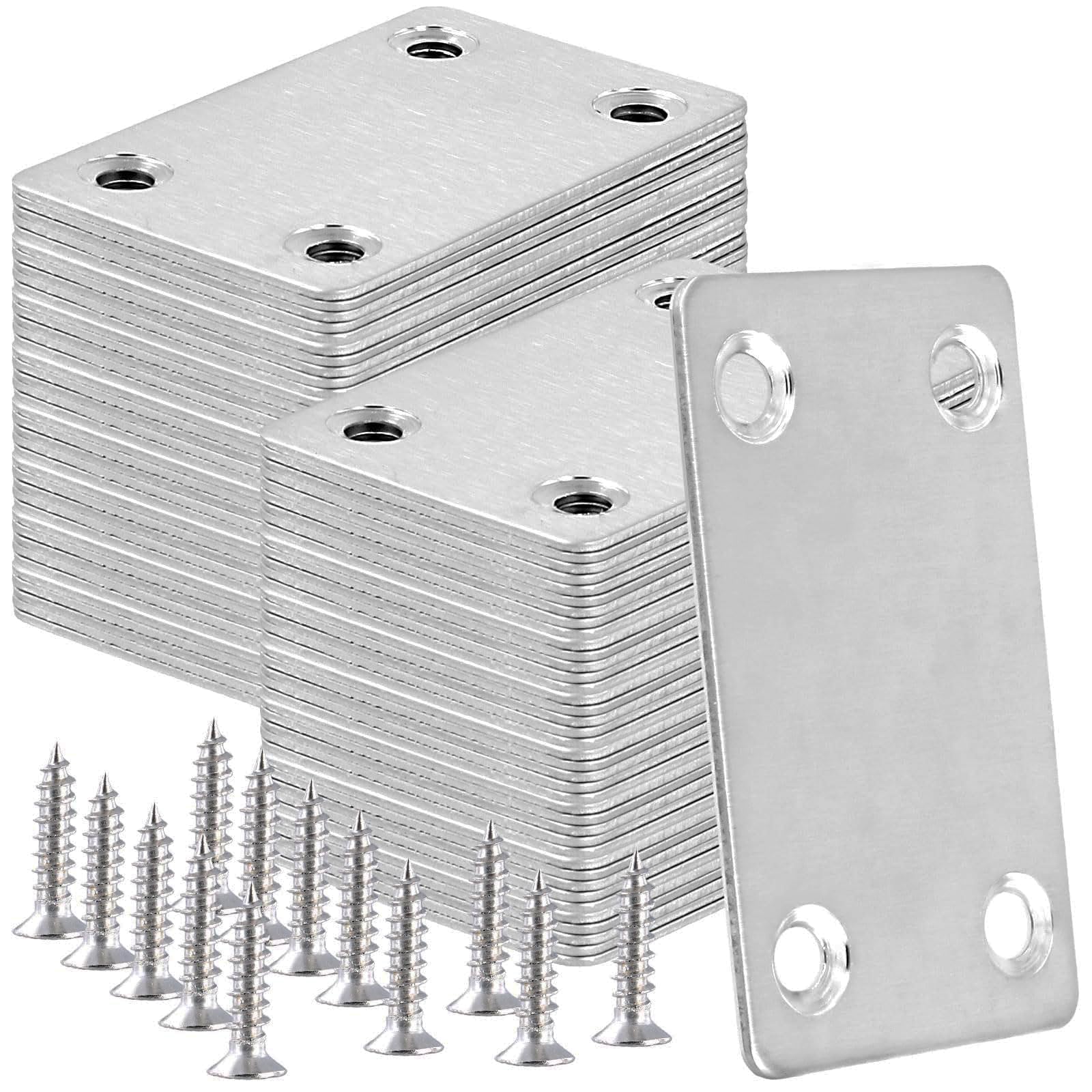 TAICHEUT 80 PCS Flat Bracket for Wood, 60x38mm Flat Mending Stainless Steel Metal Joining Plates with Screws for Beds, Tables, Furniture