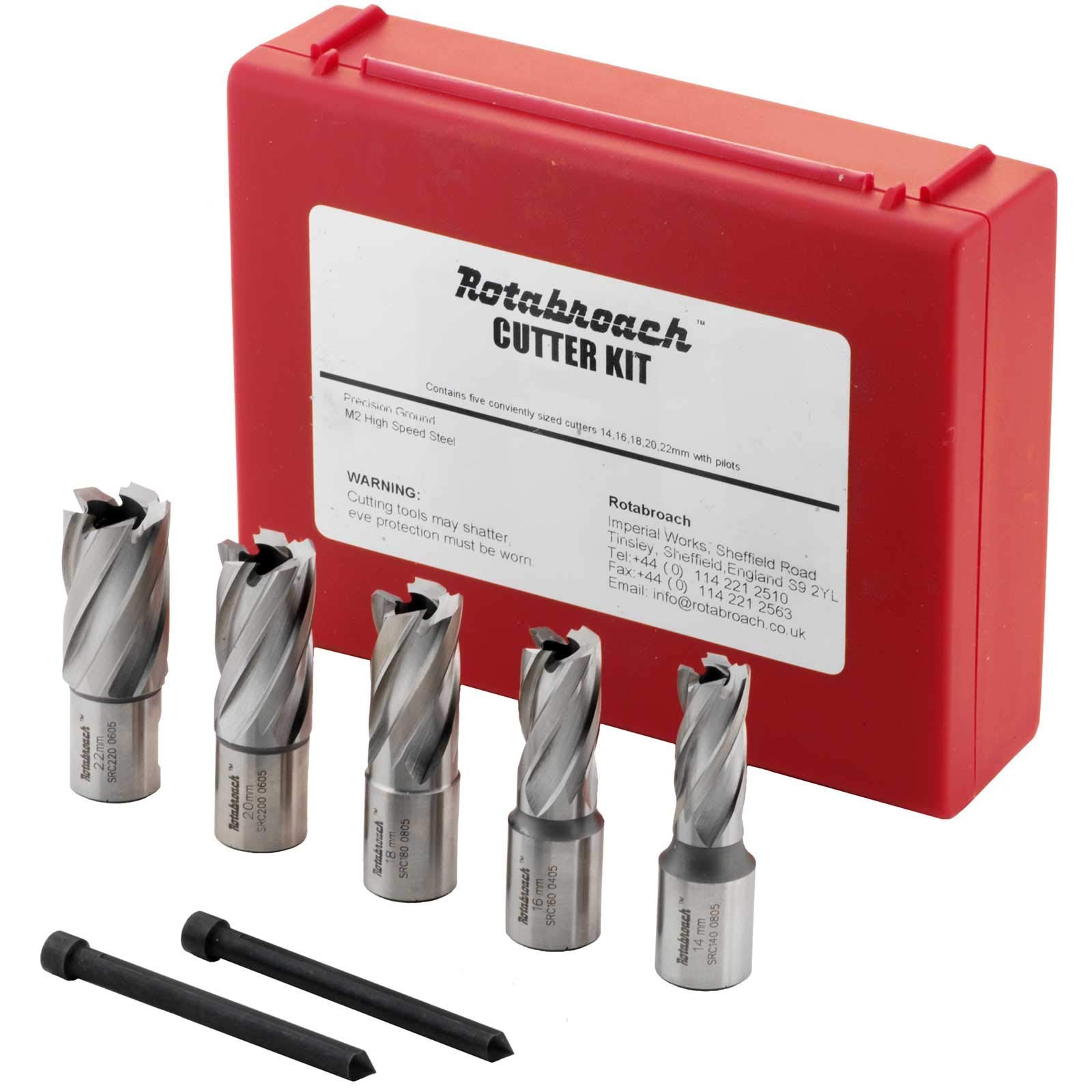 Rotabroach Annular Cutter Set 7pc - RAPK2000 Magnetic Drilling Annular M2AL HSS Steel Cutting Drill Bits 5 piece Kit 14, 16, 18, 20 & 22mm, plus Pilot Pins โ image 1