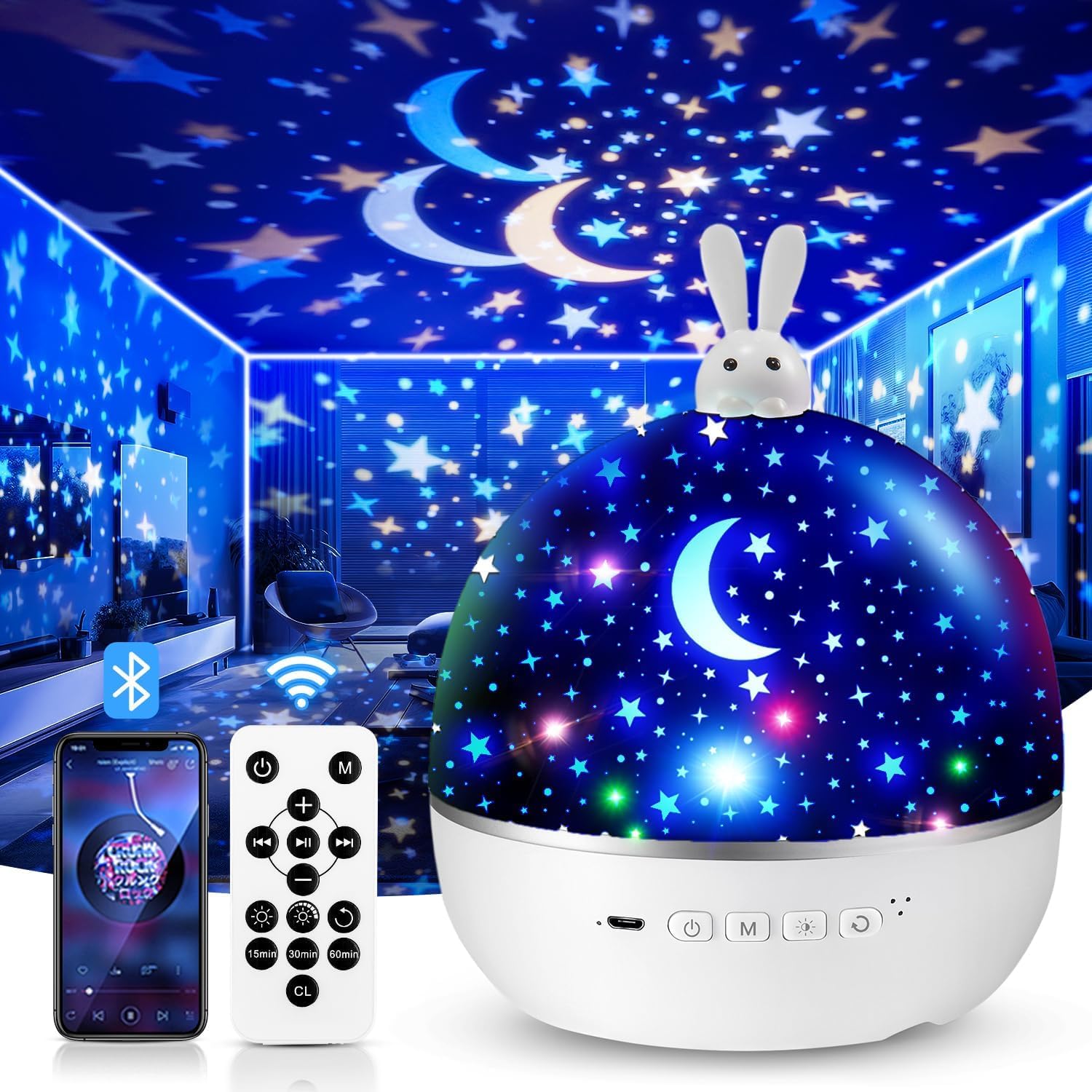 One Fire Night Light Projector, with 15 Films & Bluetooth Music and Remote-Controlled, Rechargeable Star Projector for Kids, Baby Sensory Lights, Ocean, Unicorn, Dinosaur Decor Gifts for Baby